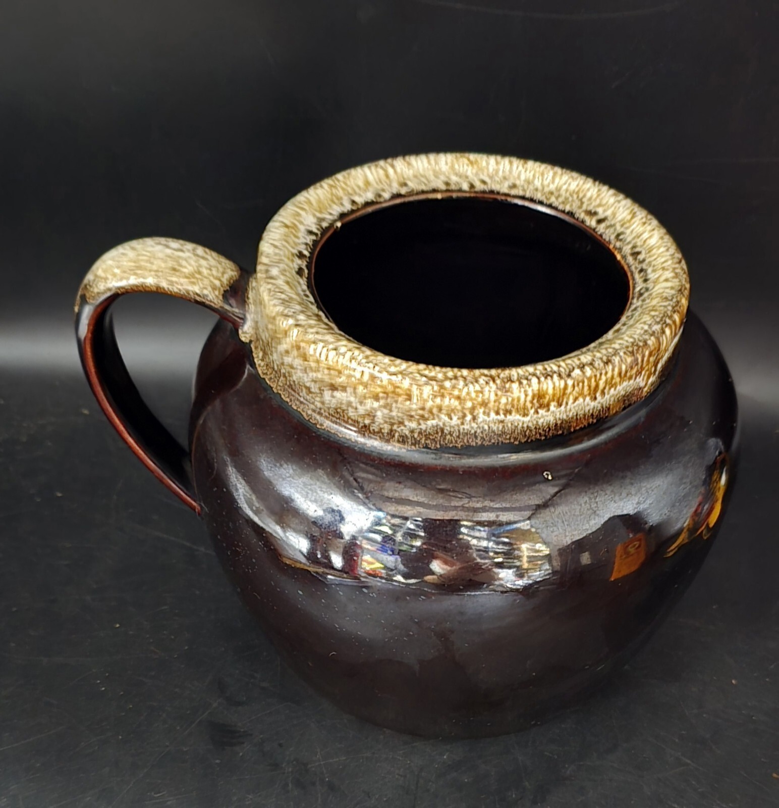 VINTAGE PFALTZGRAFF POTTERY GOURMET BROWN DRIP GLAZE TUREEN BEAN POT 6″ X 8″