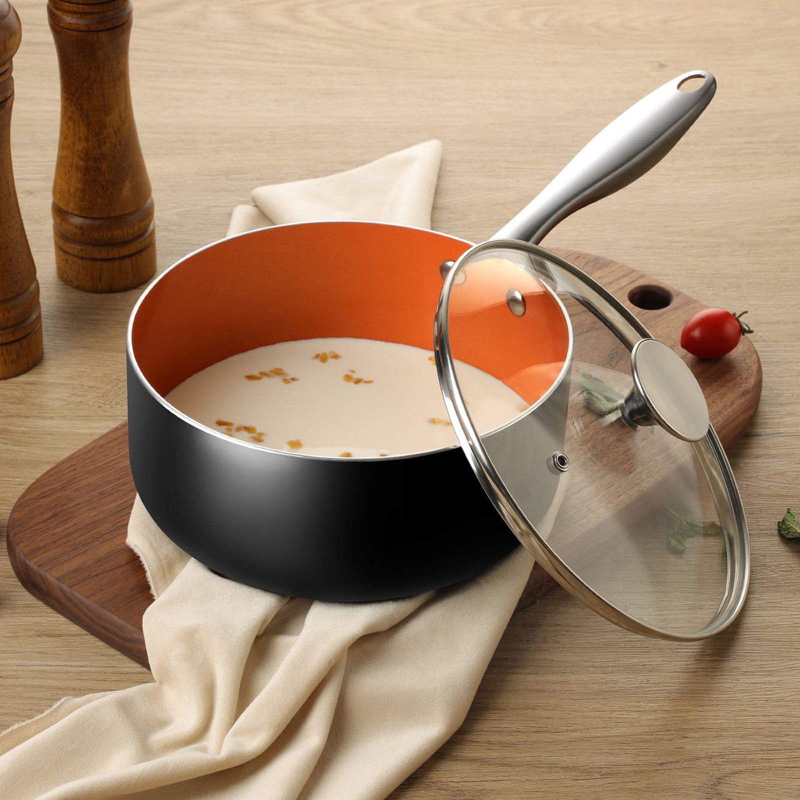 Nonstick 2 Quart Sauce Pan with Lid, Ultra-Nonstick Copper Sauce Pot 2 Qt, Ceram