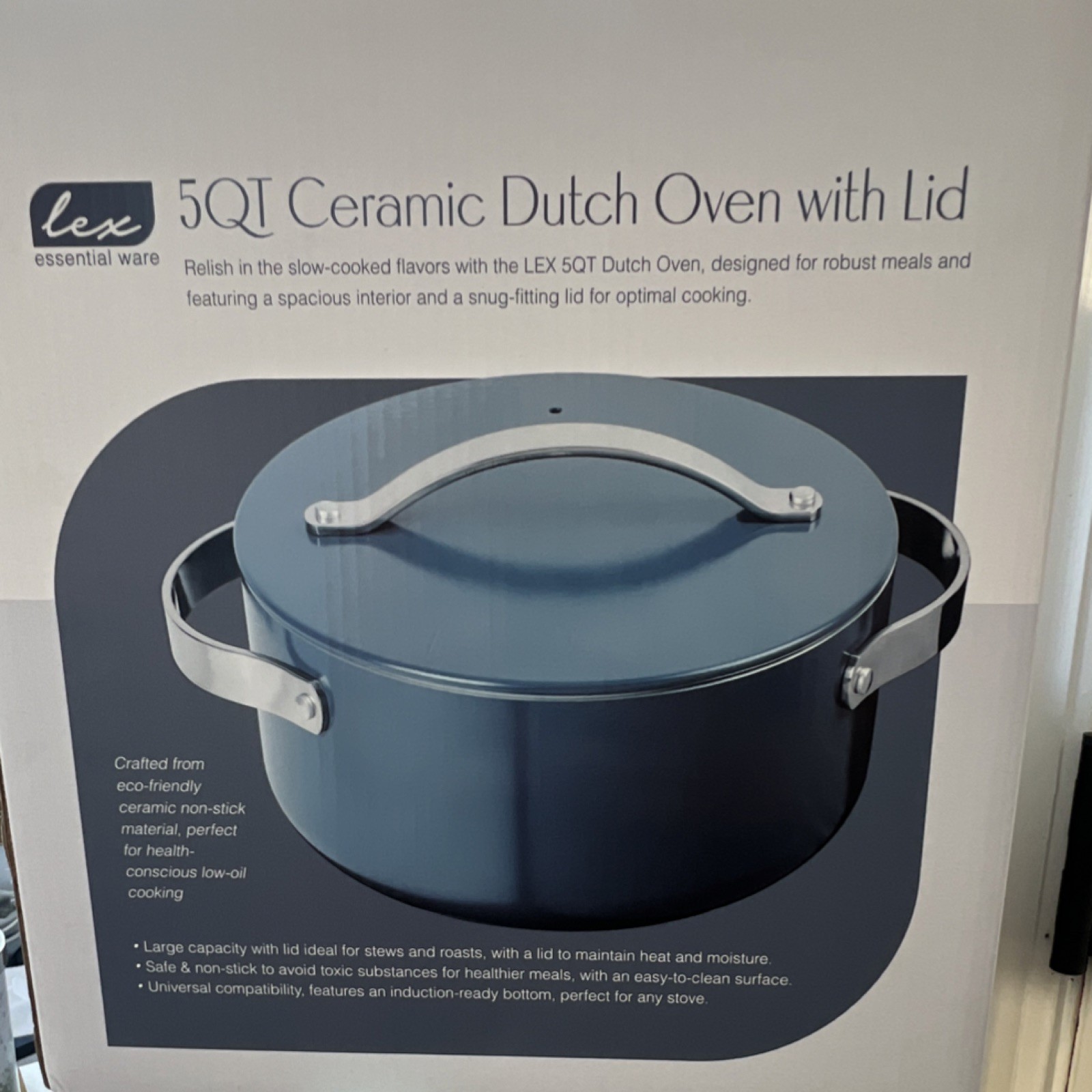 Lex Essential Ware 5QT Blue Ceramic Non-Stick Dutch Oven with Lid, Oven Safe