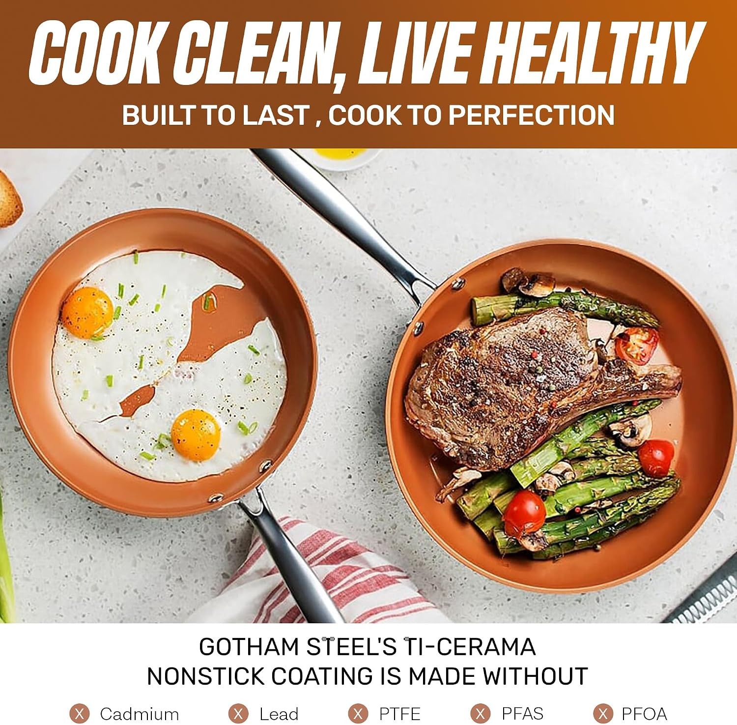 9.5 Inch Copper Non Stick Frying Pan Ceramic Skillet PFOA PFOS Free Oven Safe