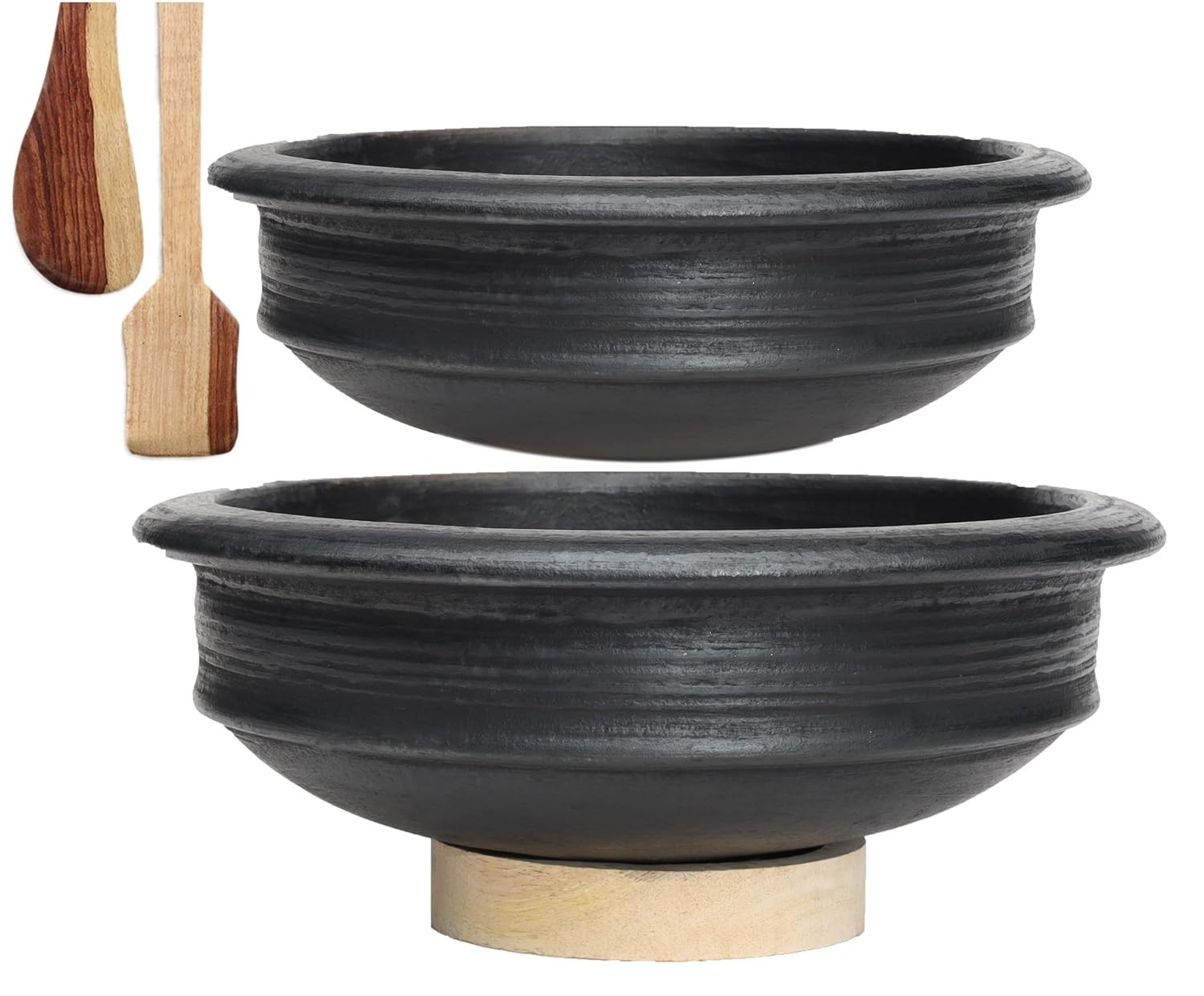 Traditional Uncoated Clay Pot/ Mitti Handi for serving Combo 1 & 2 Liter |Black