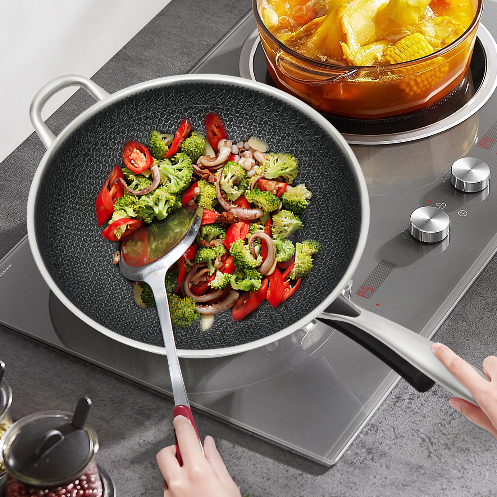 Non Stick Double Sided Honeycomb Cooking Frying Pan Wok Stainless Steel w/ Lid