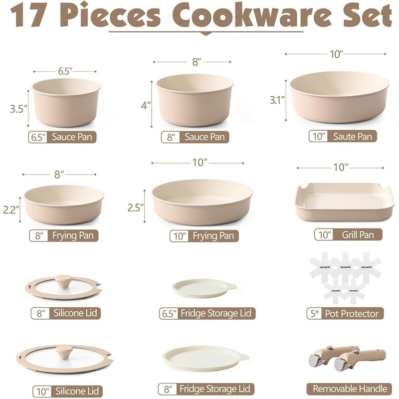 17 Piece Nonstick Ceramic Cookware Set Stackable Removable Handle Safe New