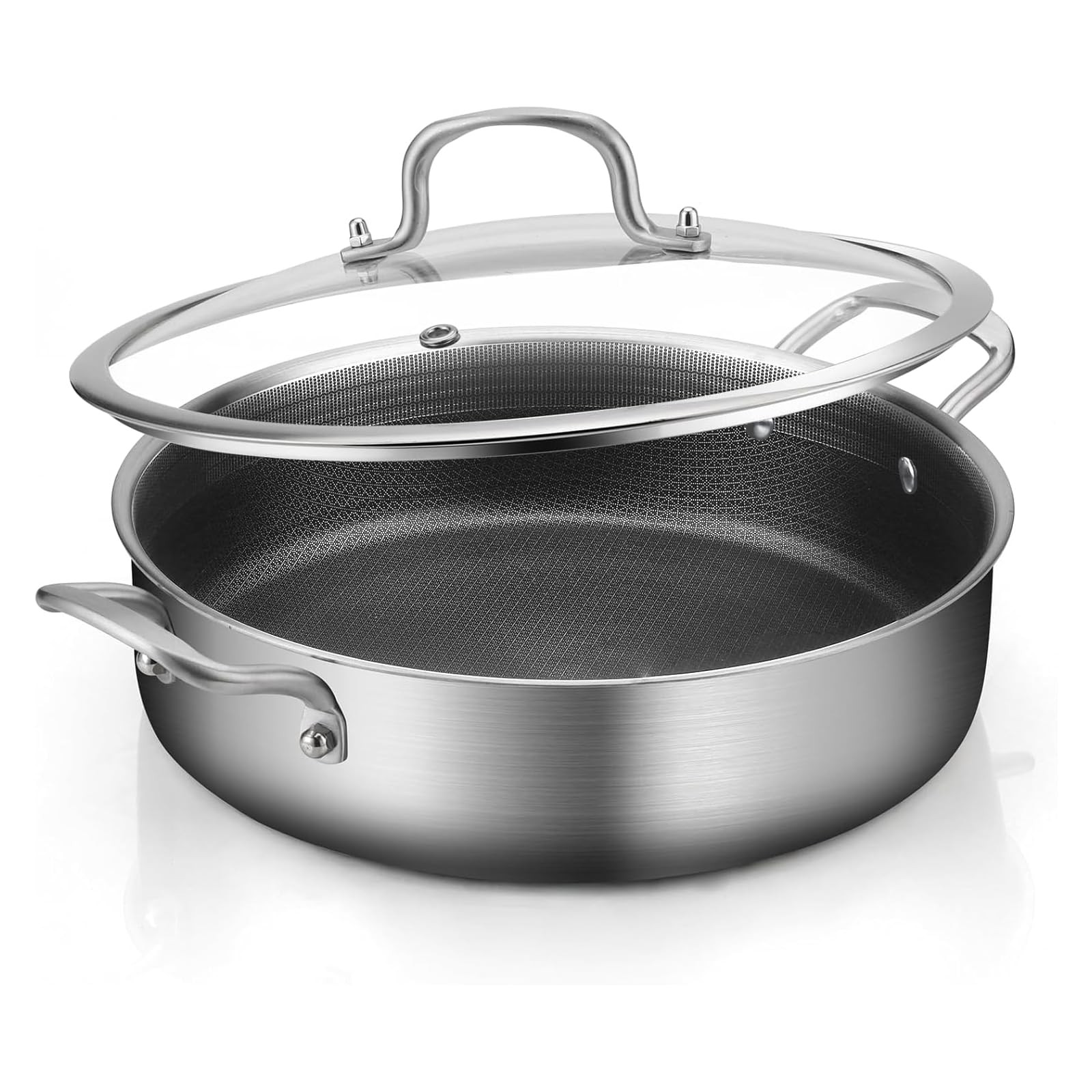 Tri-Ply Stainless Steel 7 Quarts Saute Pan, 12 Inch Nonstick Skillet with lid…