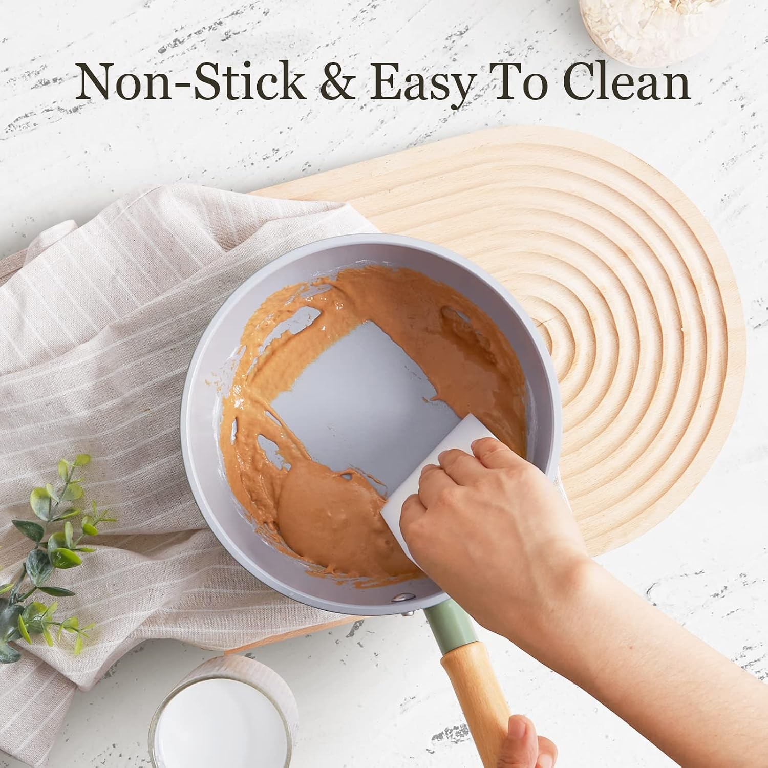 Ceramic Nonstick Sauce Pan 3 QT Pot W/ Steamer Non Toxic & PFAS-Free Wooden