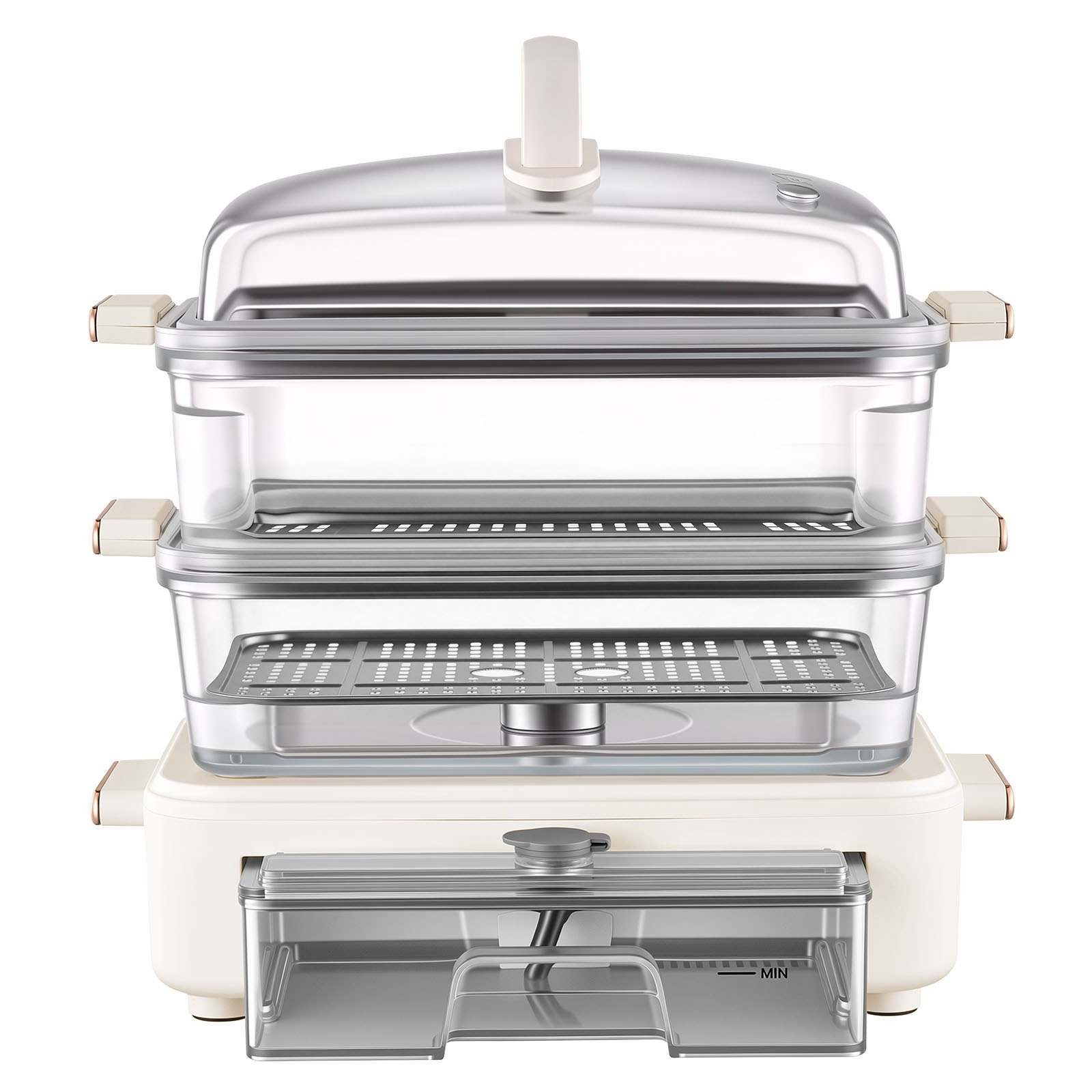 10.6QT Electric Food Steamer 3 Tier Stainless Trays 1200W White Cooker