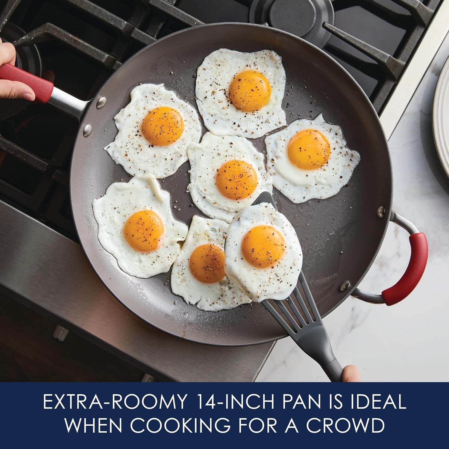 New Cucina 14″ Hard Anodized Nonstick Frying Pan Gray Red Handles