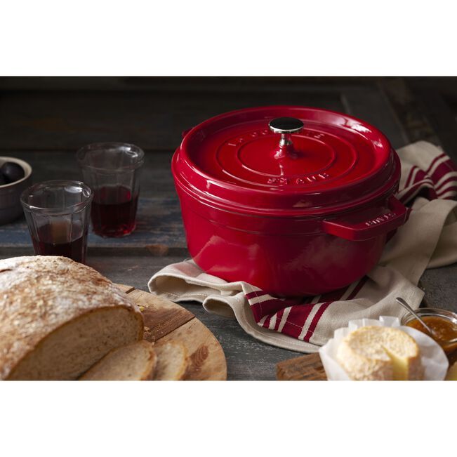Staub Round Cocotte 4 Quart 9.4 inches 24 cm Large Double-Handed Cast Cherry Red
