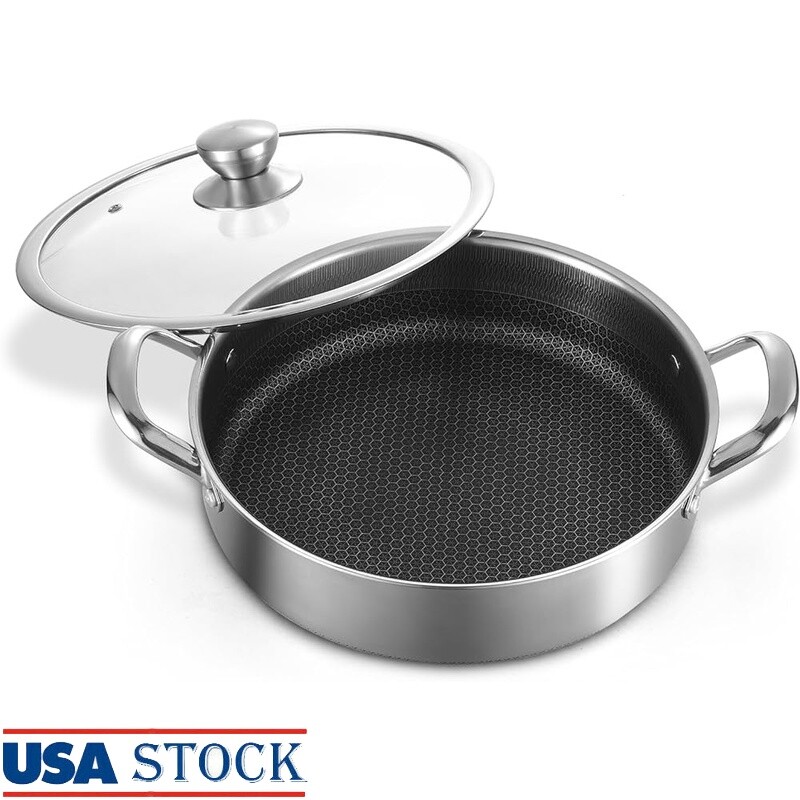 Stainless Steel Sautepan 12 In Deep Frying Pan 6 Quarts Nonstick Skillet W/ Lid