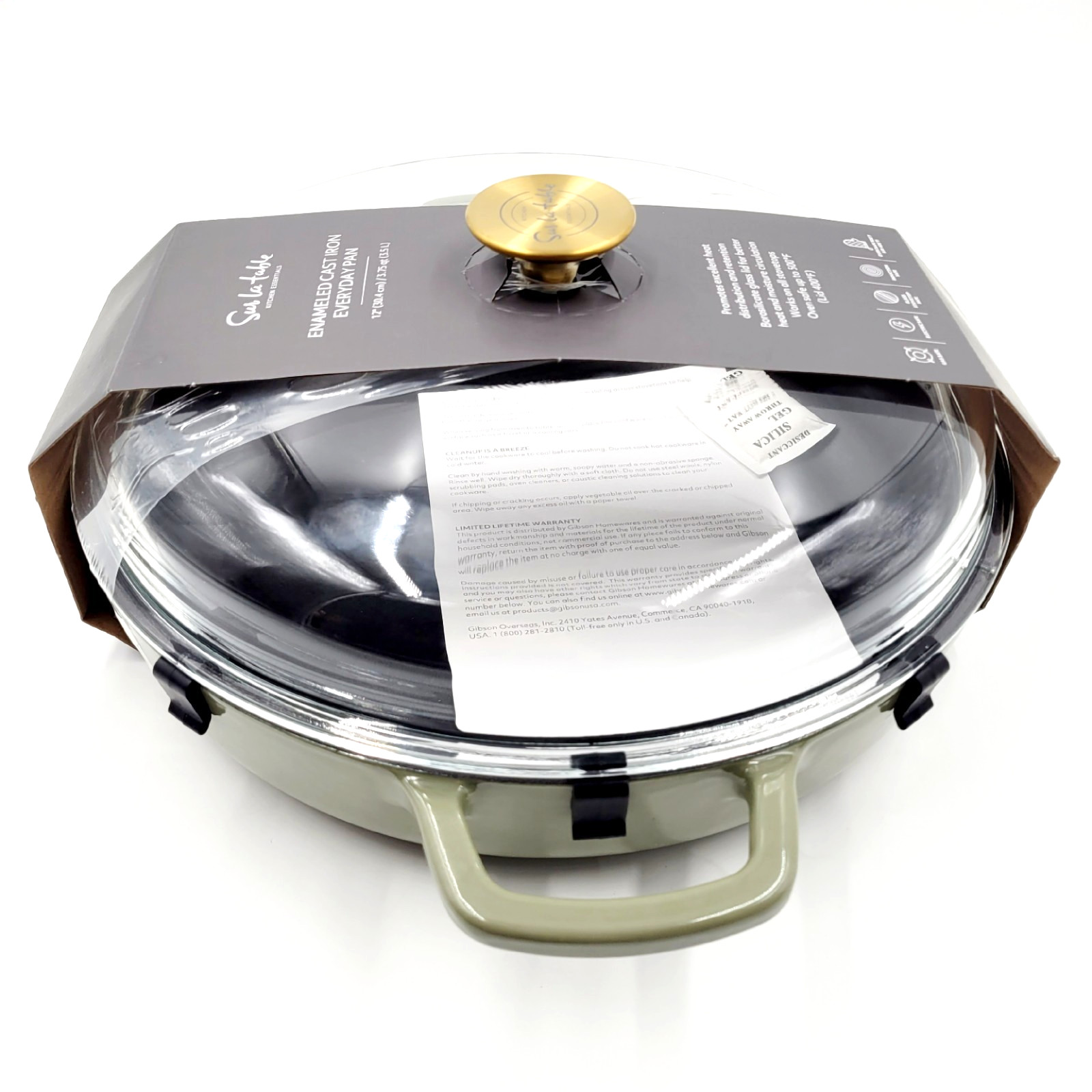 Sur La Table Enameled Cast Iron Dutch Oven Braiser 3.75qt. Glass Lid Army Green
