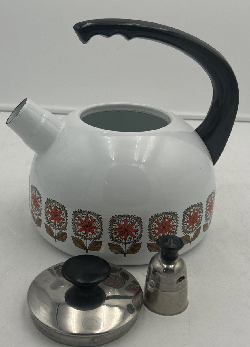 VINTAGE Enamelware 7 Piece Pots, Skillet & Kettle Set – Red Floral – MINT CONDT.
