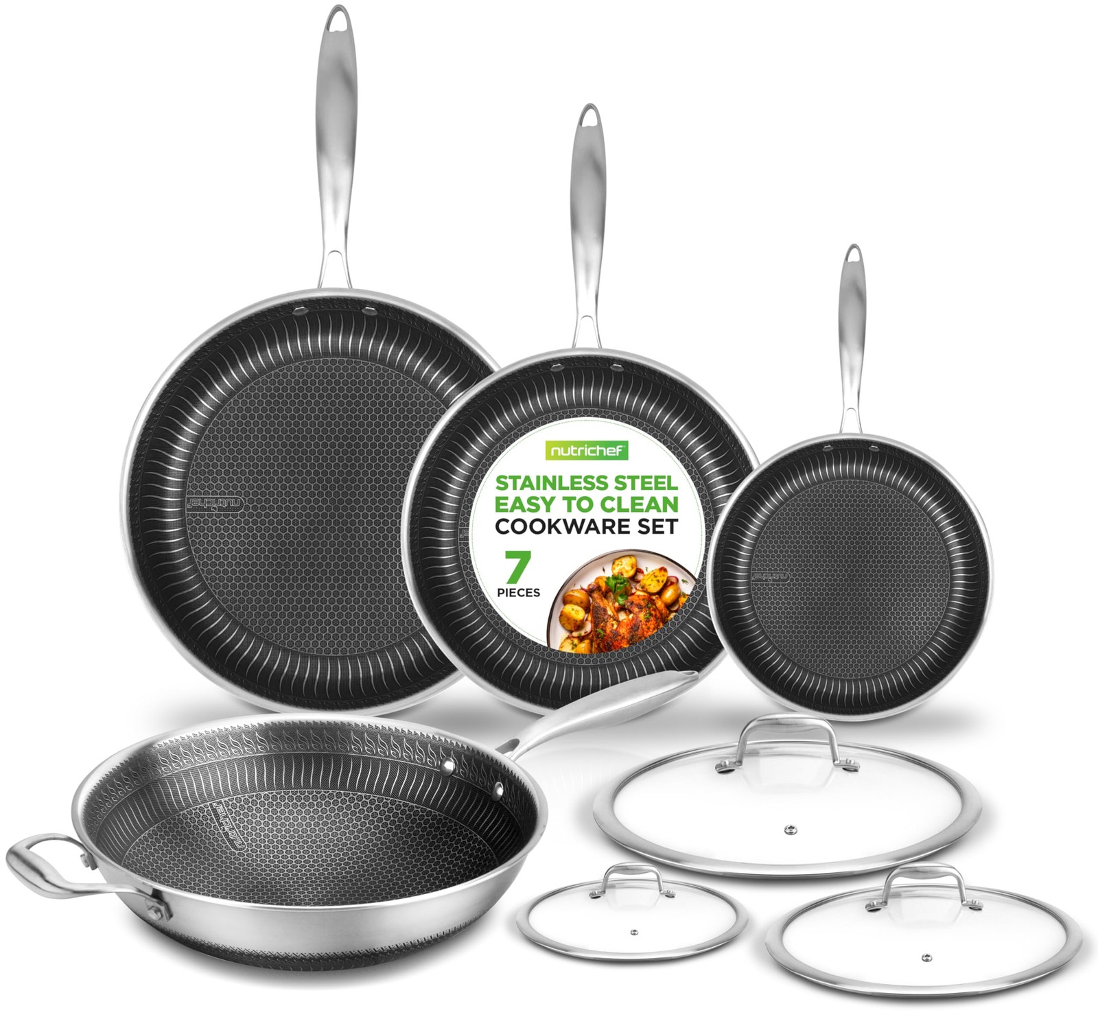 NutriChef 7-Piece Cookware Set Stainless Steel – 7pc Set,
