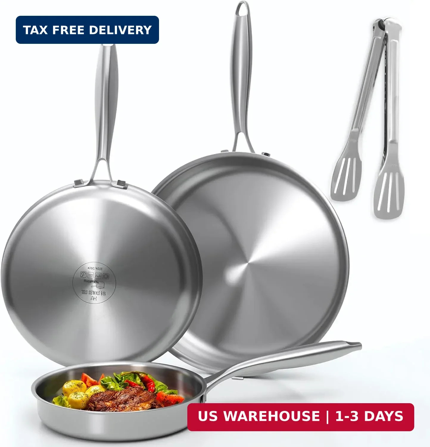 Tri-ply Stainless Steel Frying Pan Set 8″ 10″ 12″ Large Skillet for Chef’s Cookw