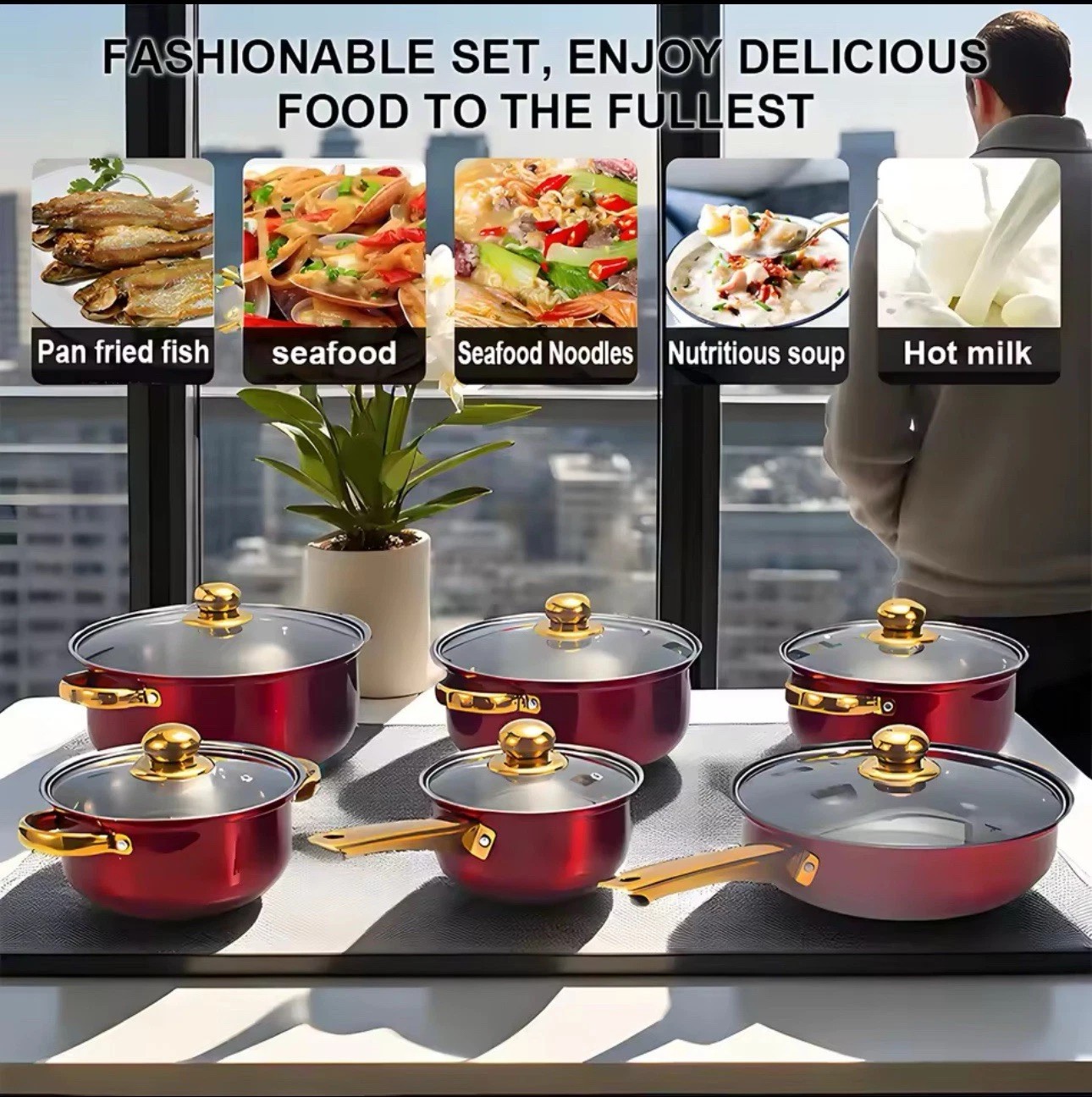12Pcs Red Stainless Steel Non-Stick Cookware Set Kitchen Pot Frying Pan Saucepan