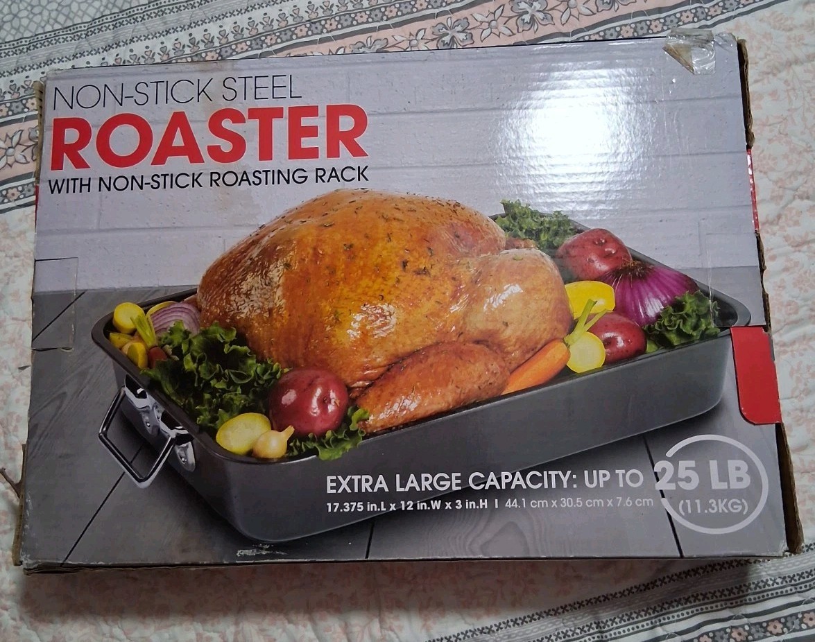 Non-Stick Steel Roaster V-Rack Extra Large 25lb Capacity 17x12x3 New Damaged Box