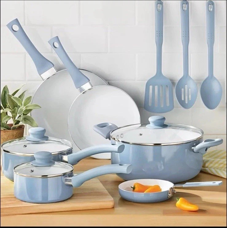 Mainstays Ceramic 12-Piece Nonstick Aluminum Cookware Set Sky Blue Brand New
