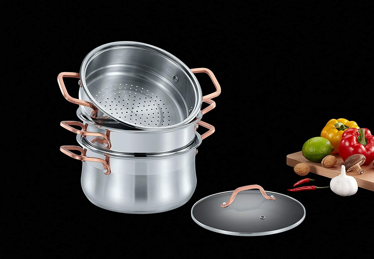 CONCORD Premium Stainless Steel Tier Steamer w/Rose Gold Handles 22cm