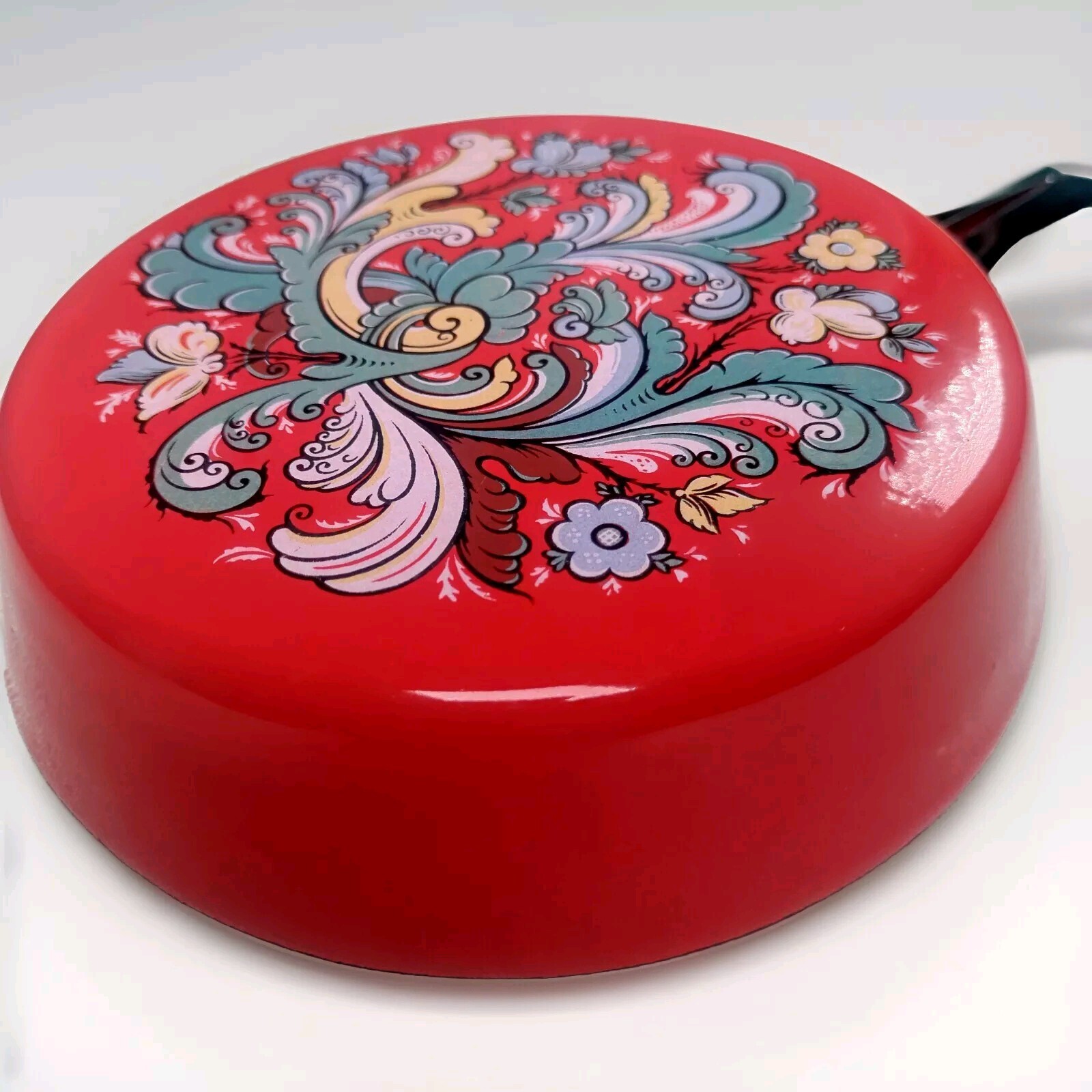 VTG MCM Enamelware Pan Scandinavian Folk Art Hand Painted Rosemal Rustic Boho
