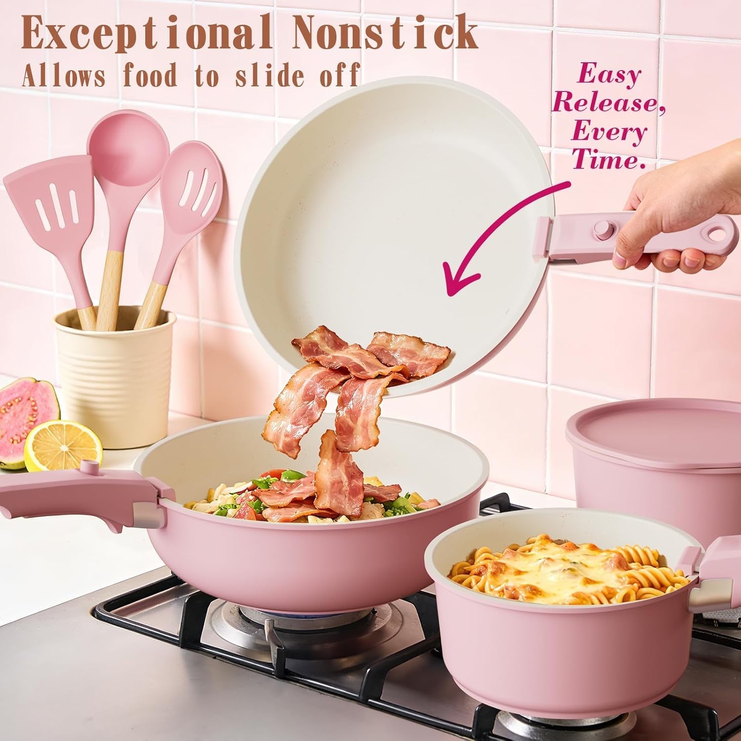 Pots and Pans Set Non Stick, 21 Pcs Ceramic Cookware Set with Detachable Handles