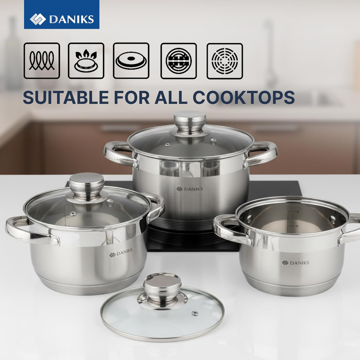 6-Piece Stainless Steel Cookware Set with Glass Lids & Measuring Scale