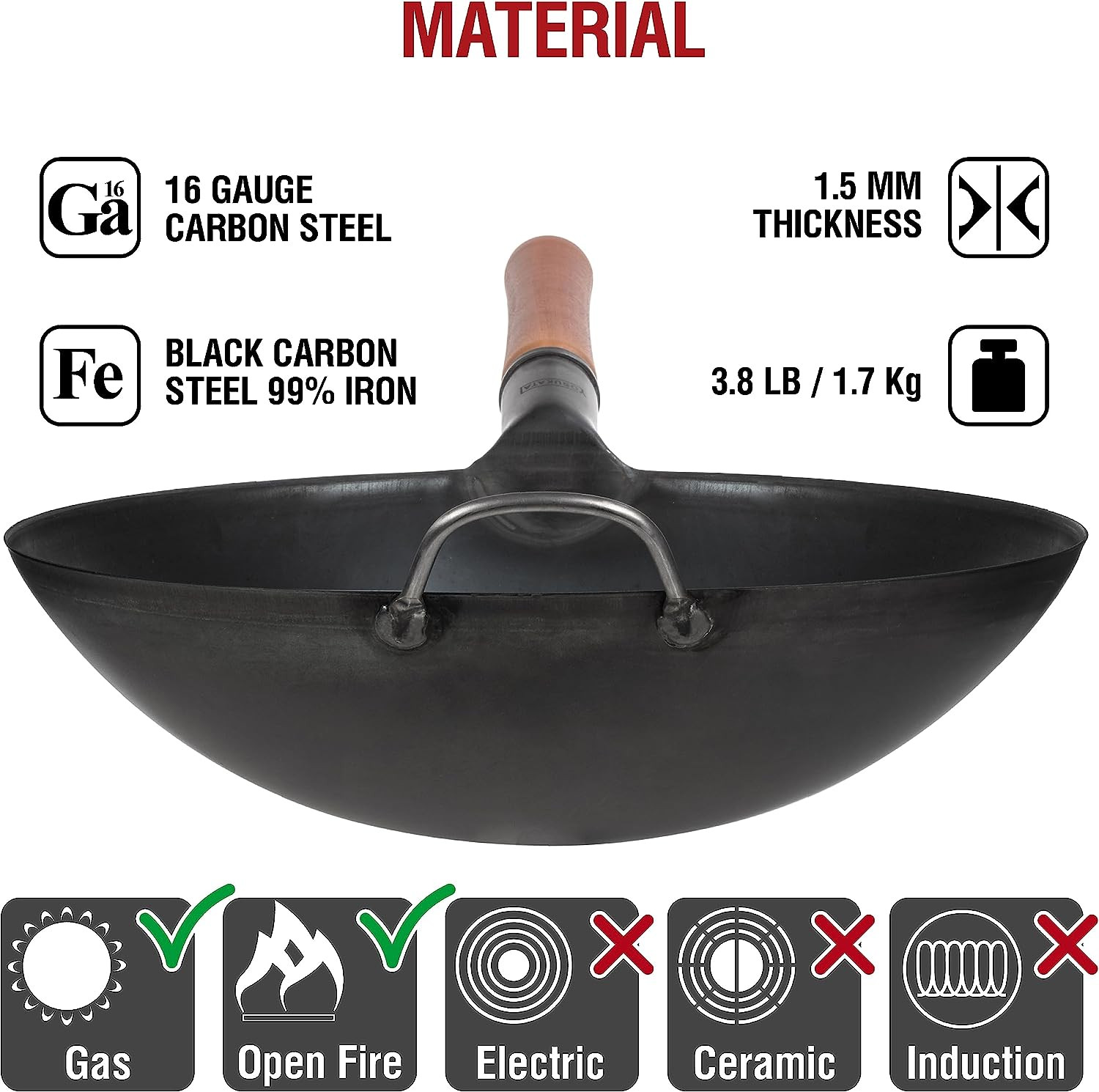 YOSUKATA 14″ Carbon Steel Wok with round Bottom – Pre-Seasoned Pow Wok for Stir
