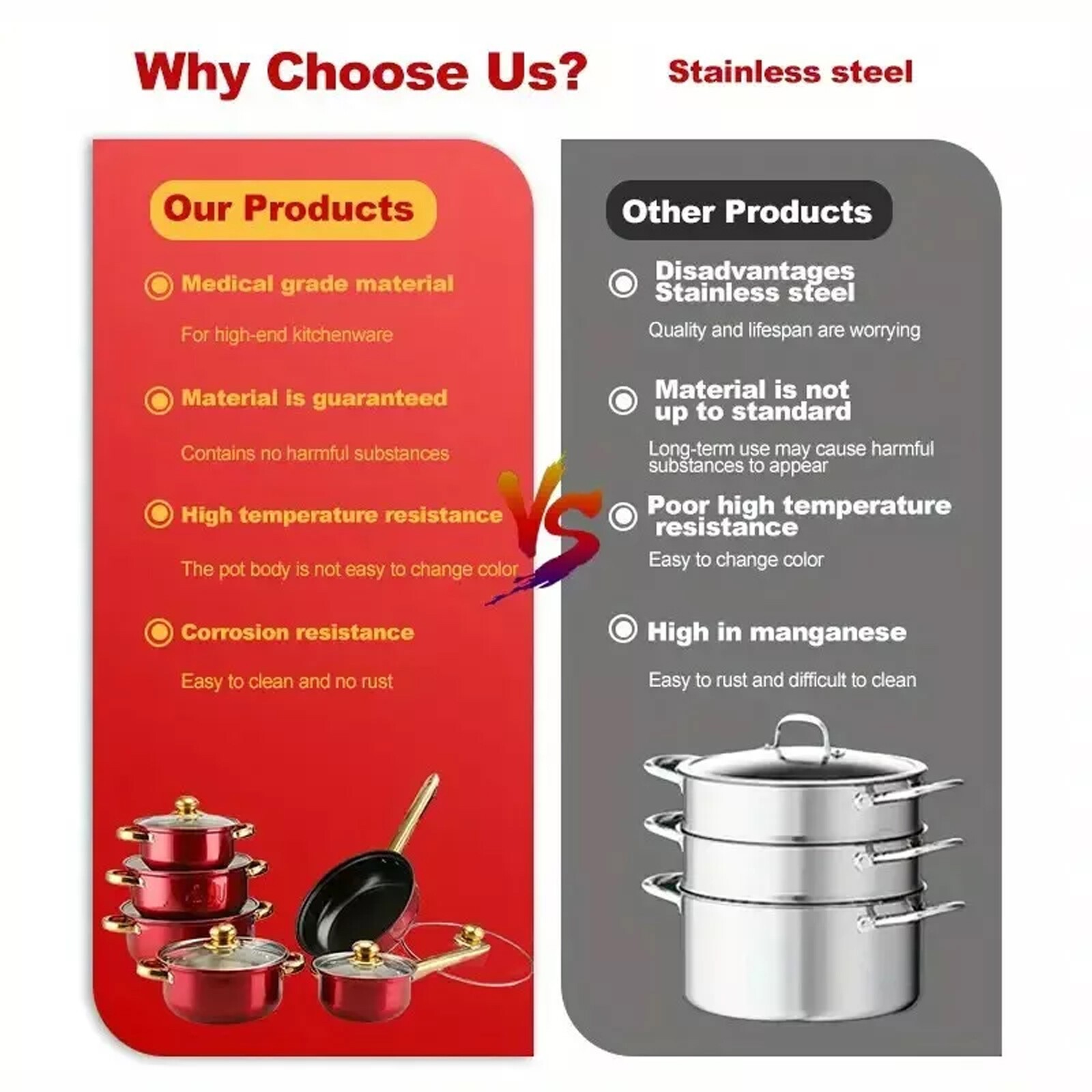 12Pcs Red Stainless Steel Non-Stick Cookware Set Kitchen Pot Frying Pan Saucepan
