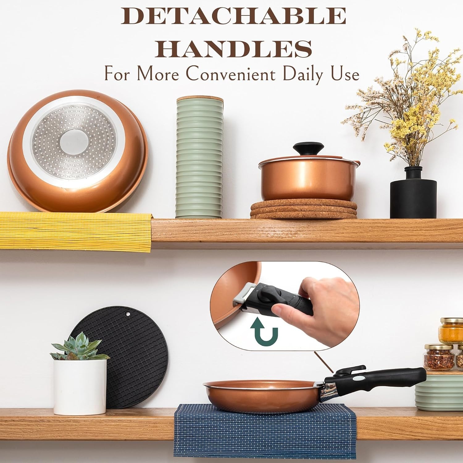 Elegant 7-Pc Copper Nonstick Pots and Pans Set – Removable Handles & Stackable