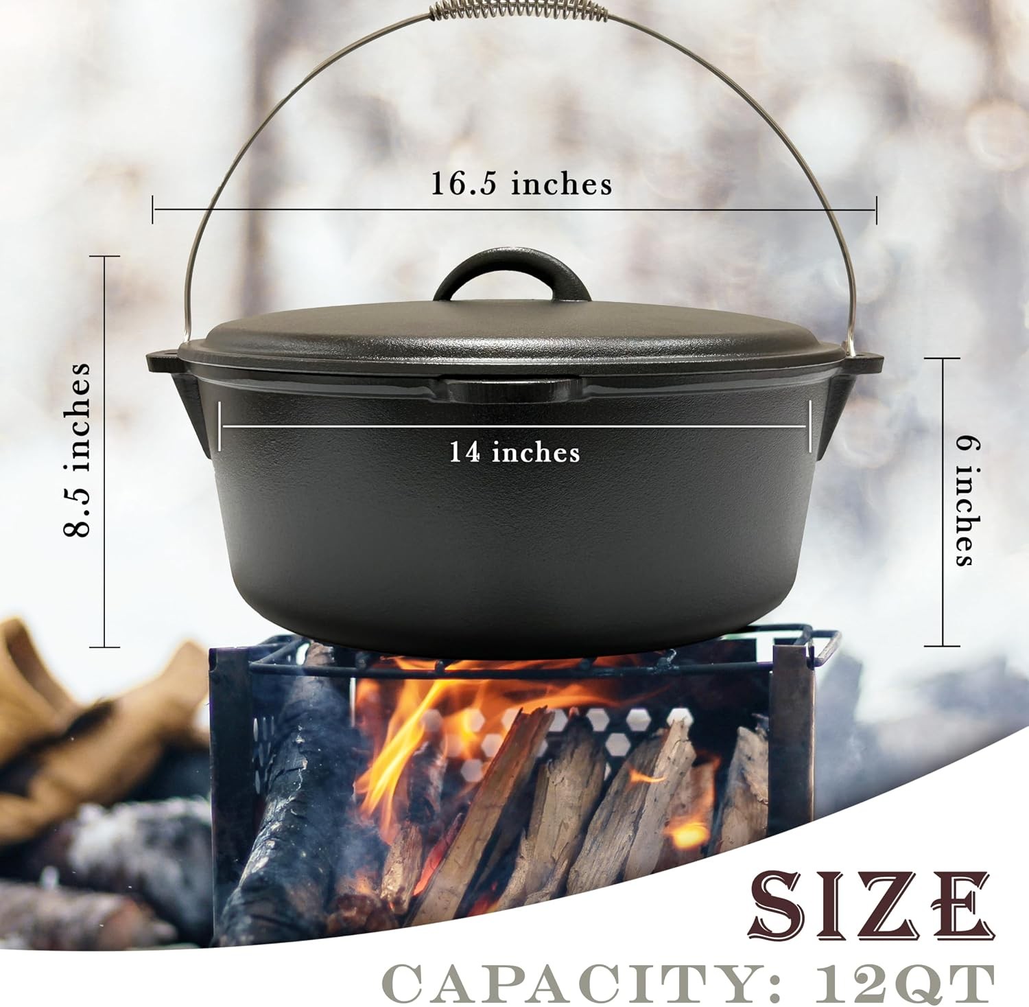 12 Quart Cast Iron Dutch Oven with Dome Lid & Bail Handle