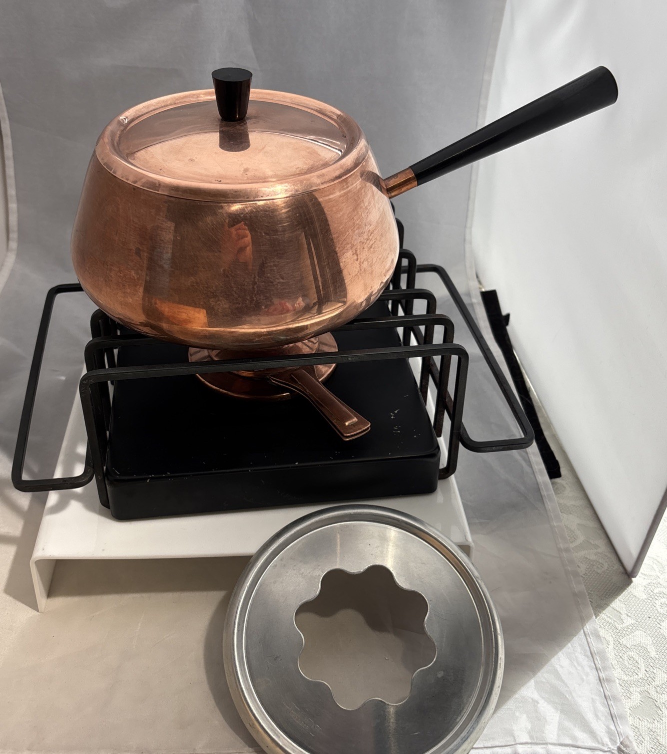 Vintage Spring Culinox Copper Fondue Pan Lids Sterno Burner Stand Forks Swiss