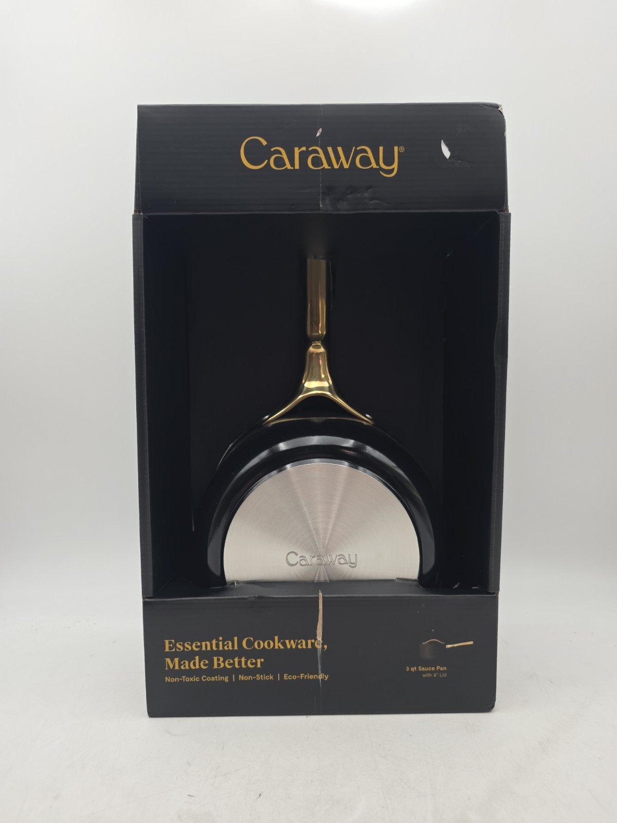Caraway 3 Qt Ceramic Saucepan with Lid – Black & Gold Non-Stick & Non-Toxic New