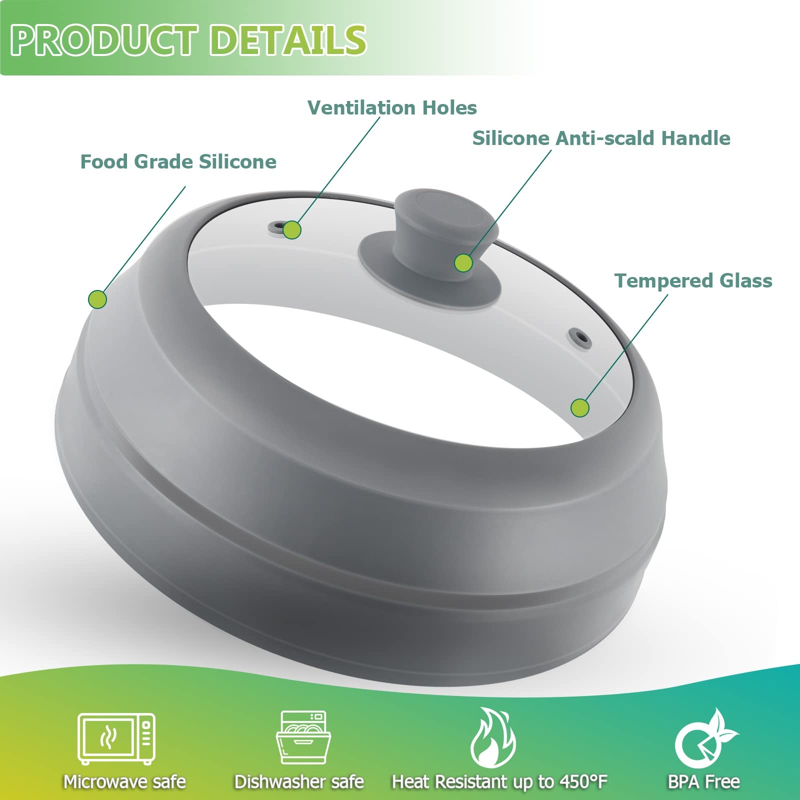 Microwave Splatter Cover for Food,10.5 Inch Collapsible Silicone and Glass Co…