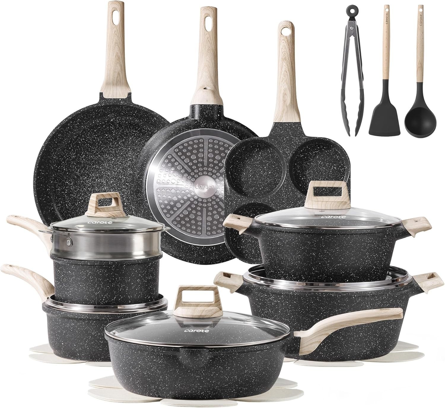 CAROTE Nonstick Cookware Sets 21Pcs Granite coating Induction Cooking Set, Black