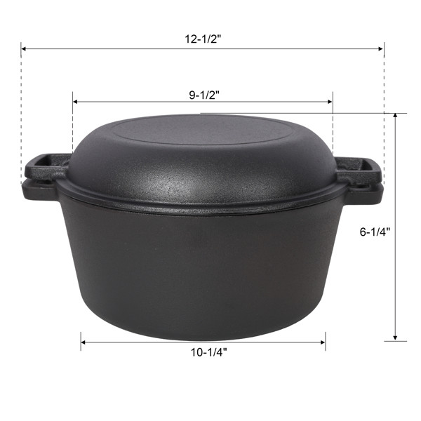 2 in 1 Cast Iron Stock Pot Dual Handles Multi Purpose Braiser with Griddle Lid