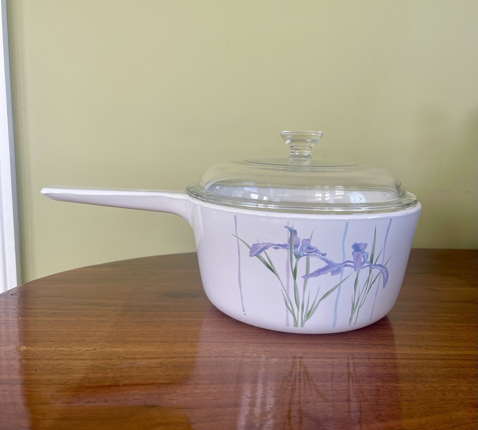 CorningWare Shadow Iris Ceramic Saucepan White Purple Green w/Glass Lid 1.5 L