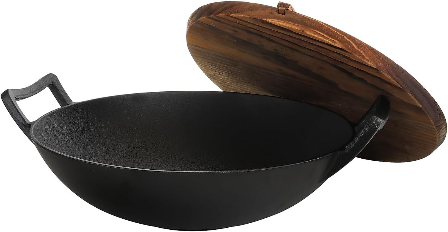 Megachef 2 Piece 14 Inch Heavy Duty Cast Iron Wok with Wood Lid