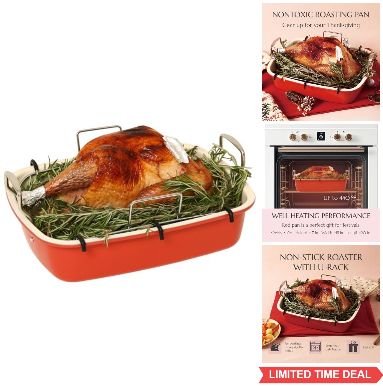 UUKRAVE Turkey Roasting Pan with Rack (U-Shaped), Large 17.3 x 14.6 Inch Nonstic