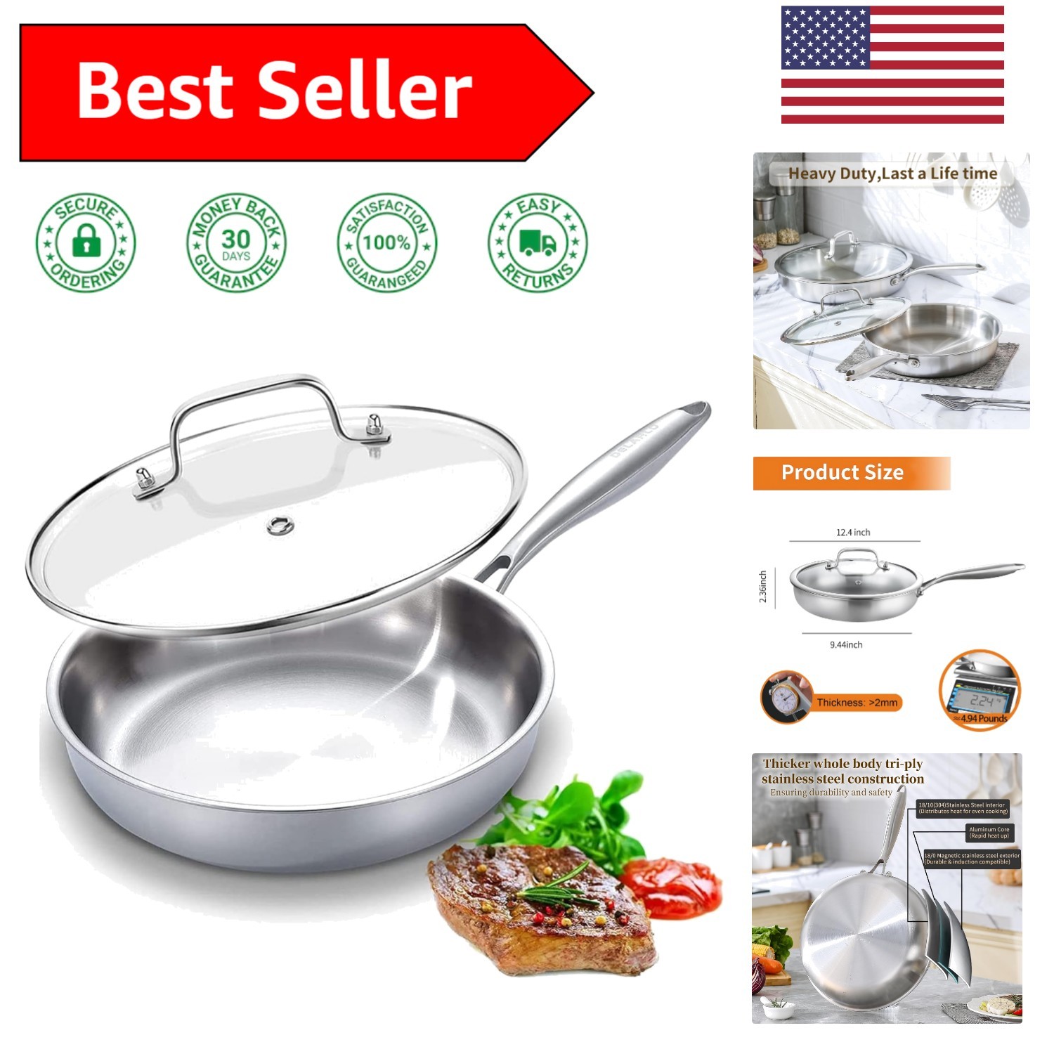 12-Inch Tri-Ply Stainless Steel Frying Pan with Lid – Oven Safe, Induction Ready