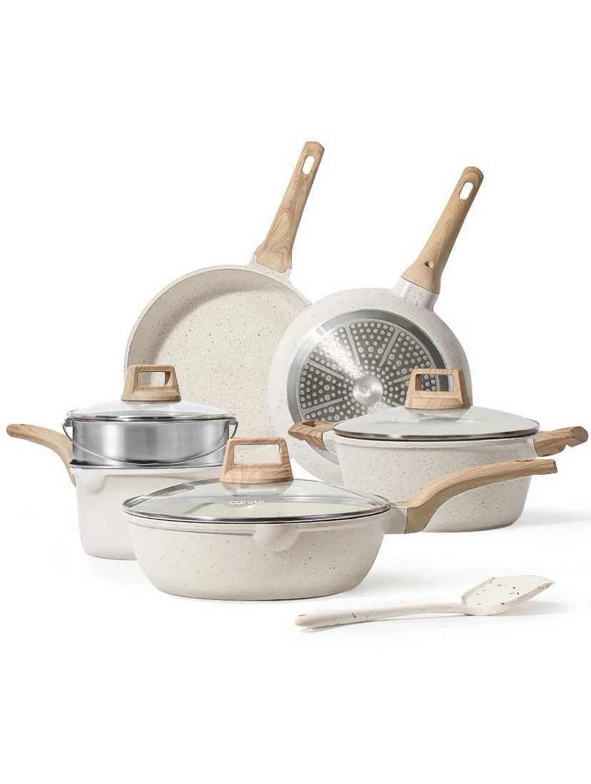 Pots and Pans Set Nonstick, White Granite Induction Kitchen Cookware , 10 Pcs