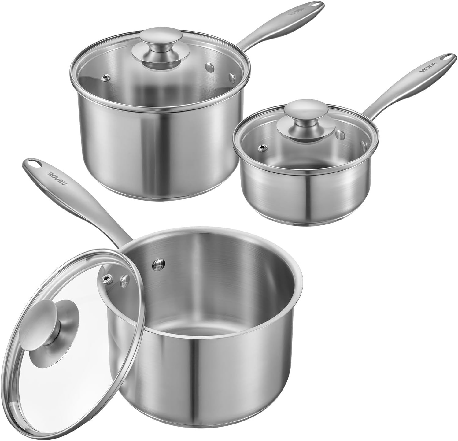 Stainless Steel Saucepan Set, 1 QT & 2 QT & 3 QT Saucepans with Glass Lids…