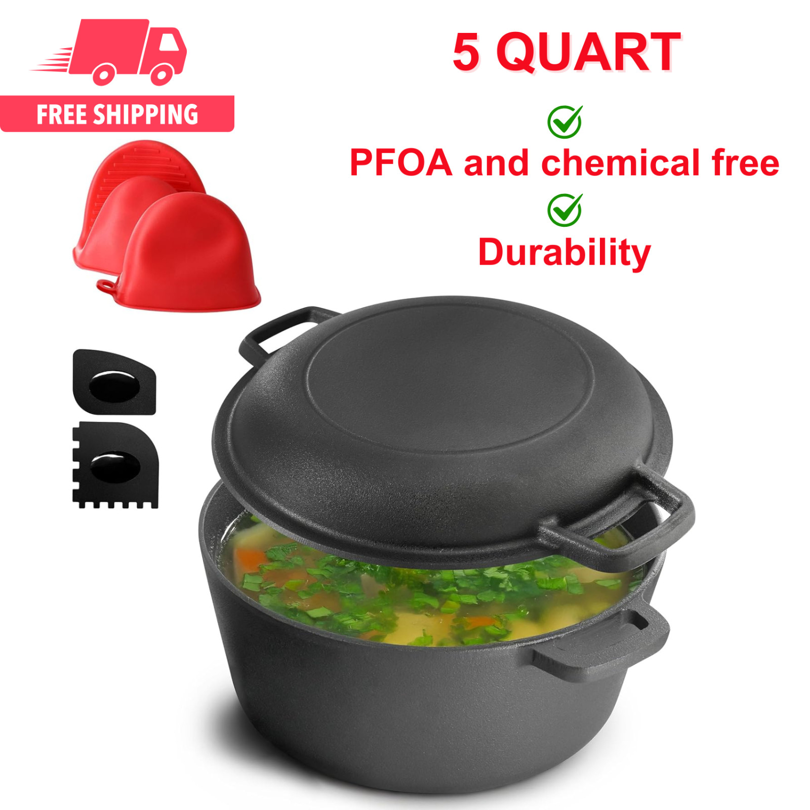 MegaChef Dutch Oven Skillet 5 Qt Pre-Seasoned 2-in-1 Cast Iron Durable Versatile