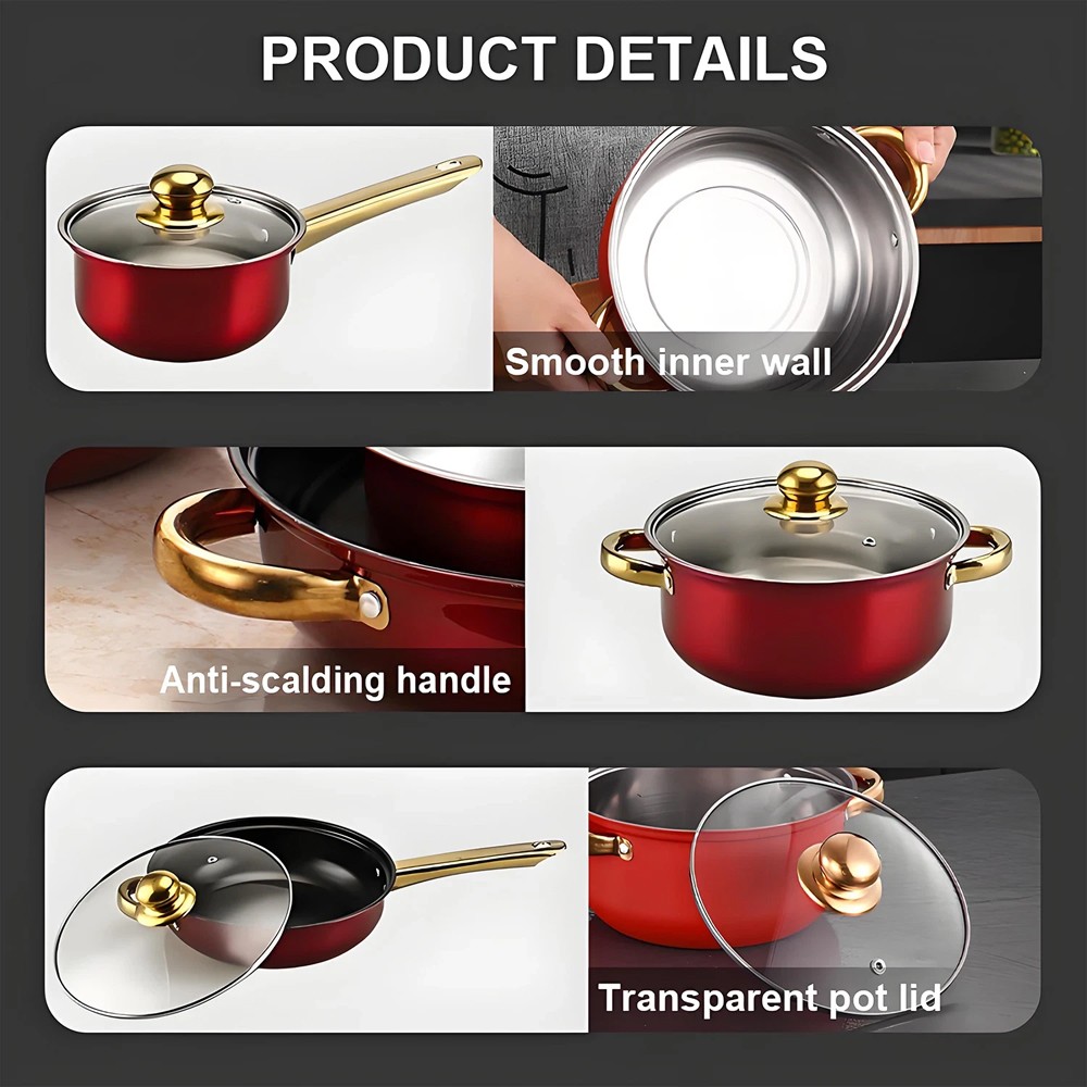 12 Piece Cookware Set Nonstick Pots and Pans Home Kitchen Cooking Non Stick, Red