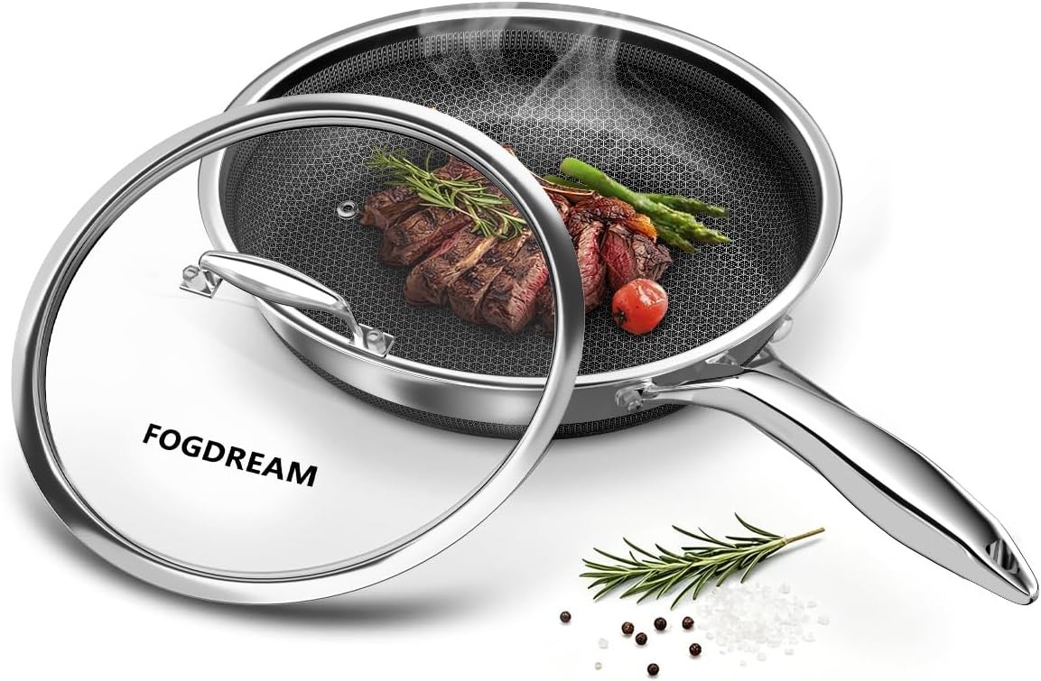 8 Inch Non-Stick Frying Pan with Lid, Honeycomb Hybrid Stainless Steel Skillet