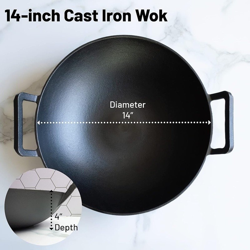 Preseasoned Cast Iron Wok Compatible W/ Gas Electric Induction Cooktops Stir Fry