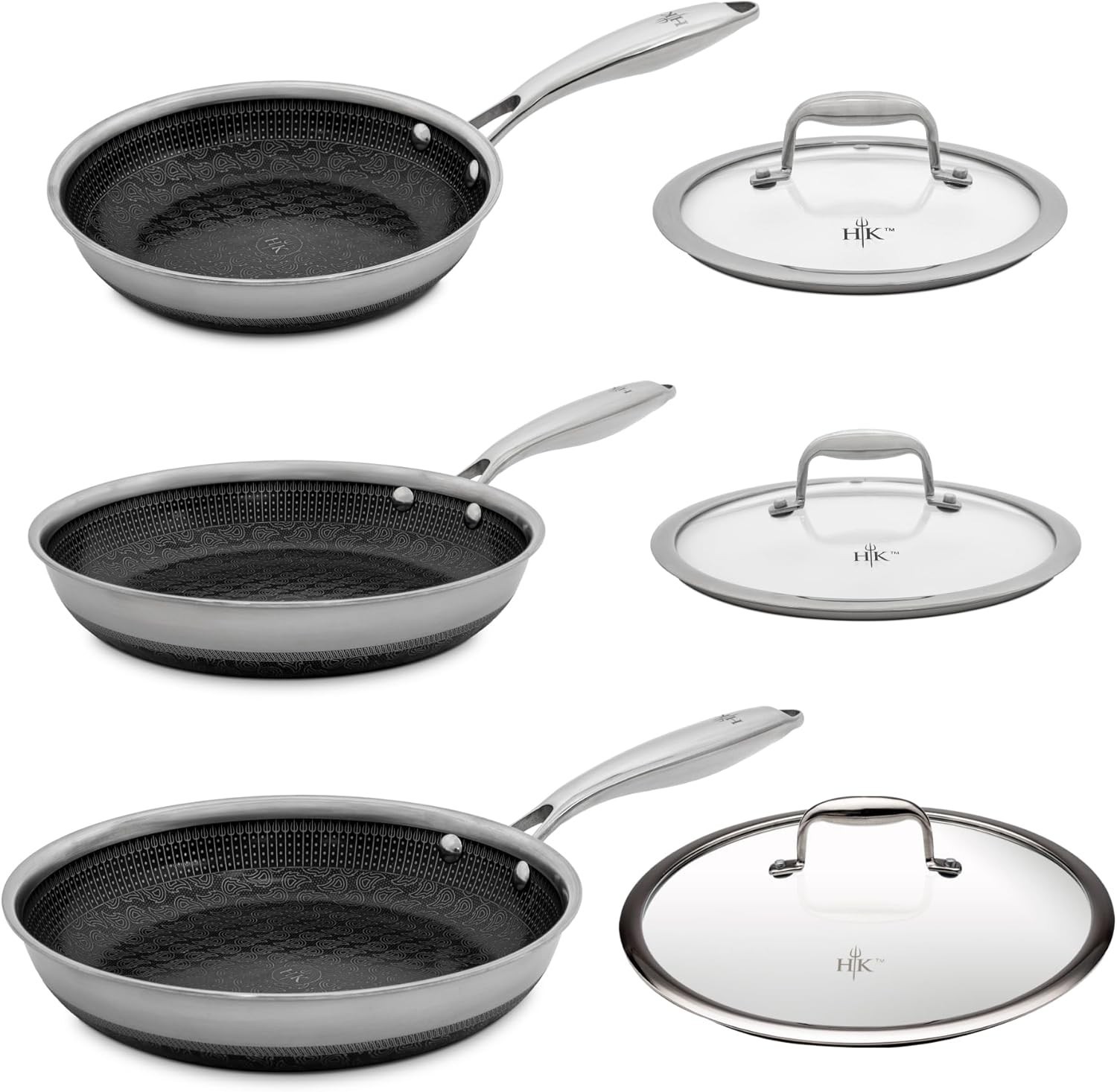 Hell’s Kitchen Hybrid Tri-Clad Fry Pan Set 6pc Stainless Ceramic PFAS Free New