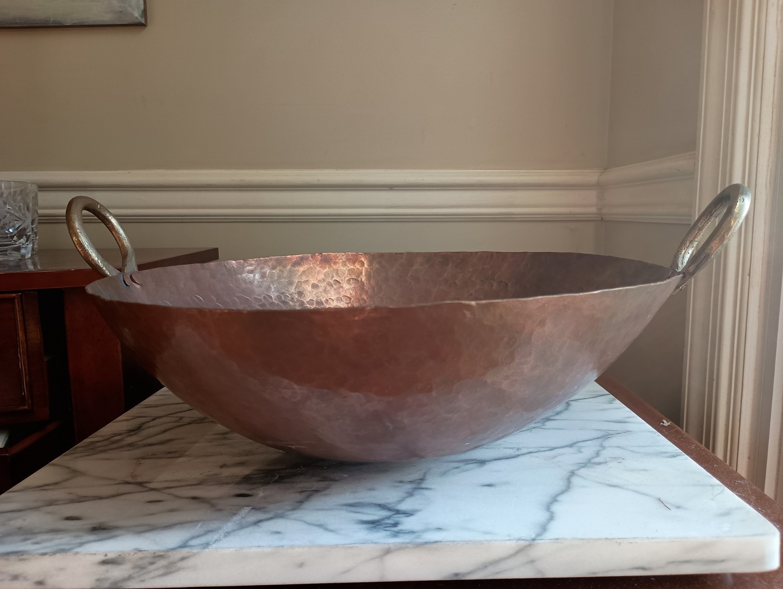 XL Hammered Copper Wok W/ Brass Handles, 17″ W/ Handles , 14″ Rim To Rim