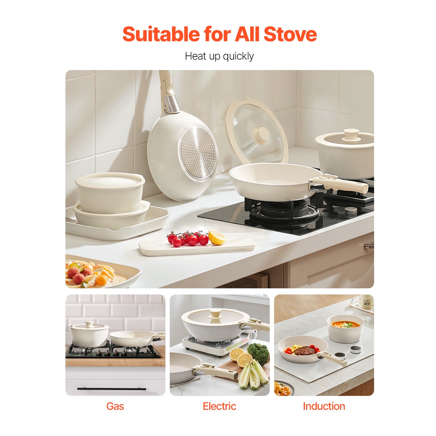 17 Pcs Pots and Pans Set Granite Nonstick Kitchen Cookware Sets Induction White