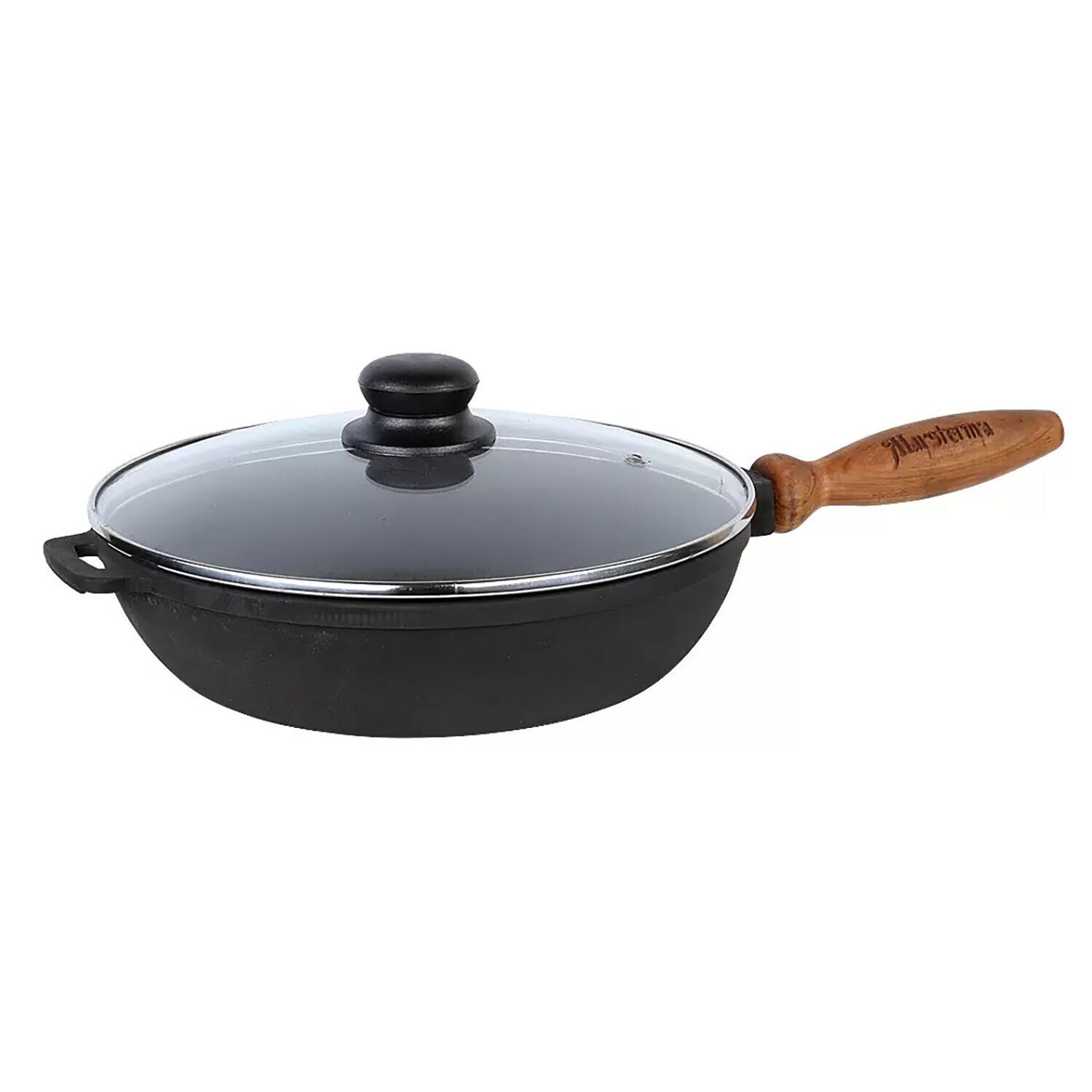 9.5″ Maysternya Ukraine Cast Iron Fry Pan Skillet w/Wooden Handle and Glass Lid