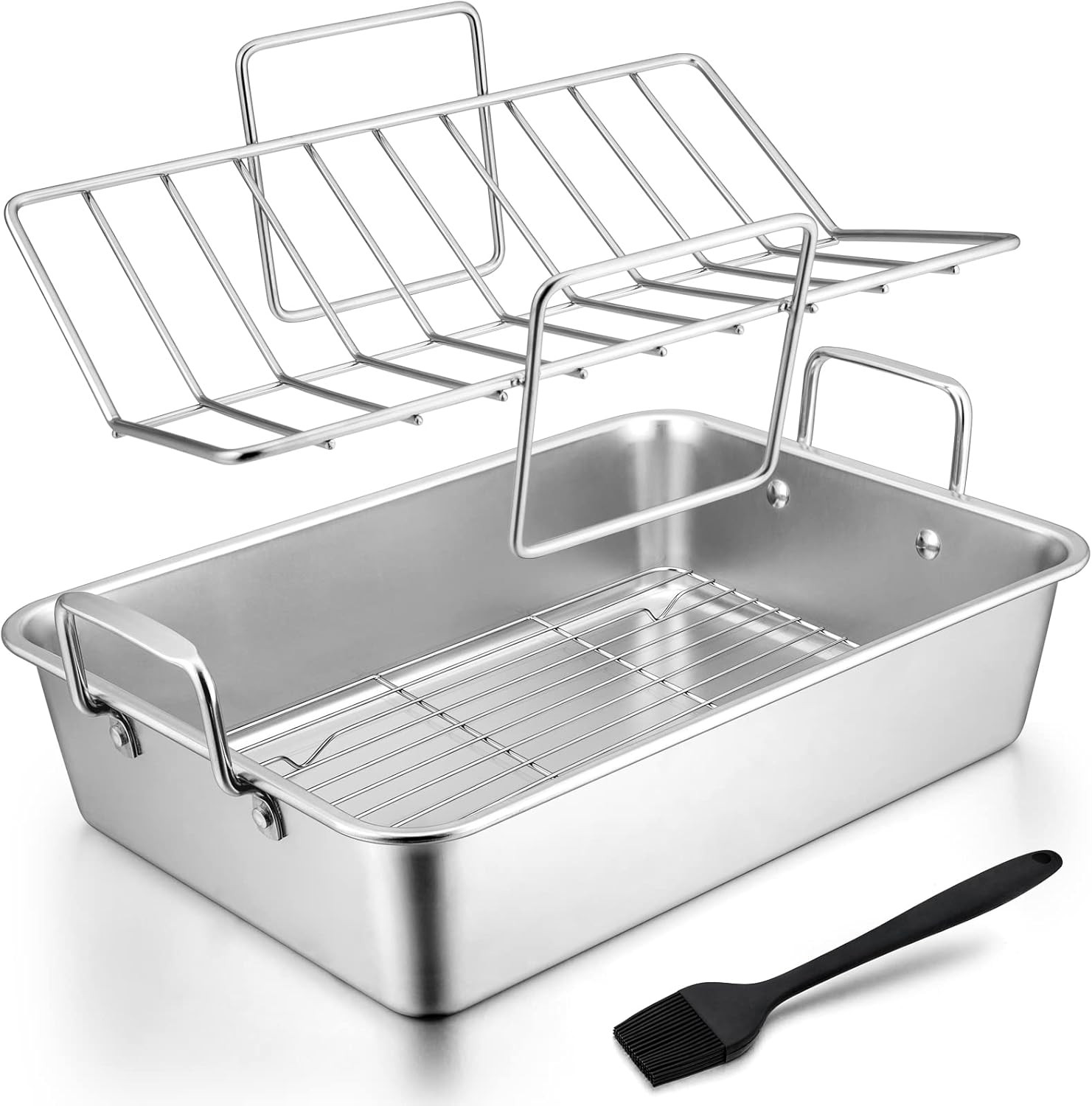 Roasting Pan with Rack Set, Large 15.2In Stainless Steel Lasagna Roaster Pan, Ba