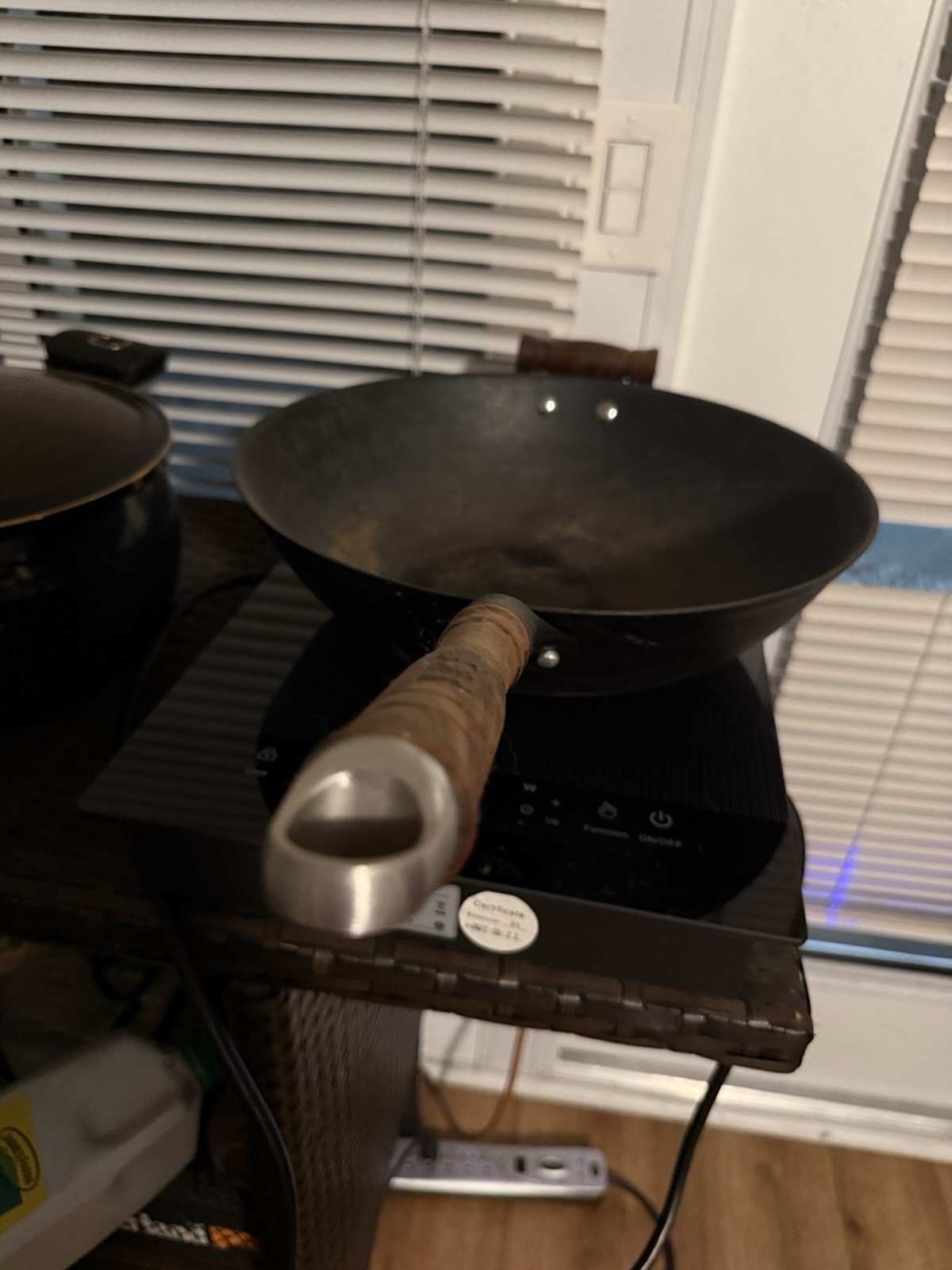 Black Non-Stick Induction Compatible Wok Pan, Metal with Long Wooden Handle
