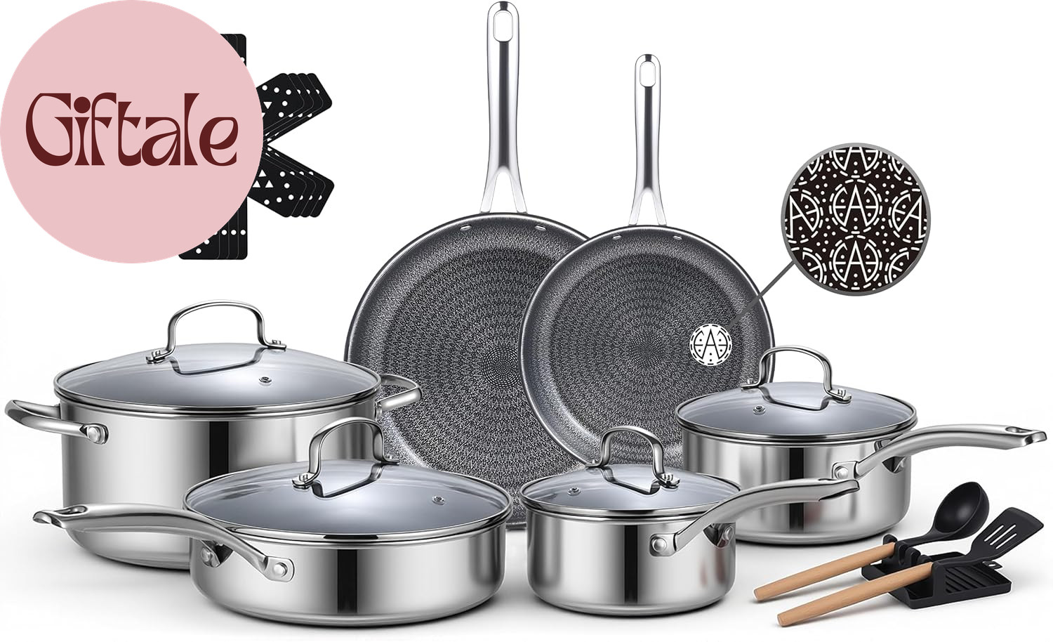 17 Pcs Nonstick Stainless Steel Cookware Set, Hybrid Stainless Steel Pots and Pa